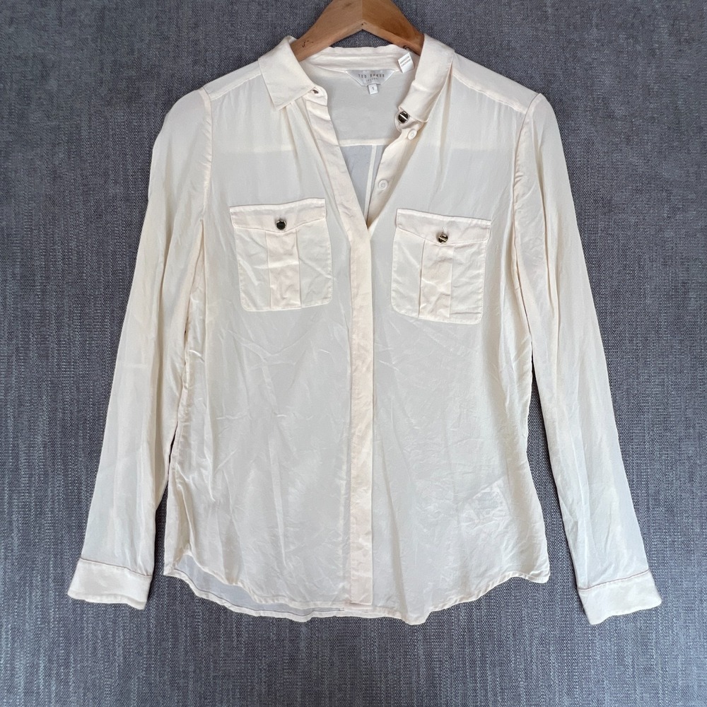 Ted Baker Shirt Top Women 1 Cream Silk Lightweight Chest Pocket Casual Button Up